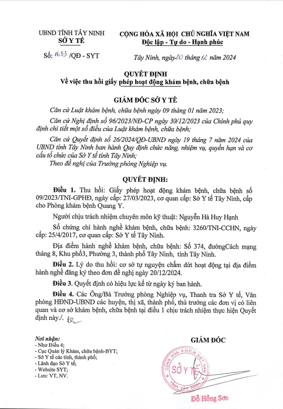 Quyết định thu hồi giấy phép hoạt động khám bệnh, chữa bệnh phòng khám bệnh Quang Y